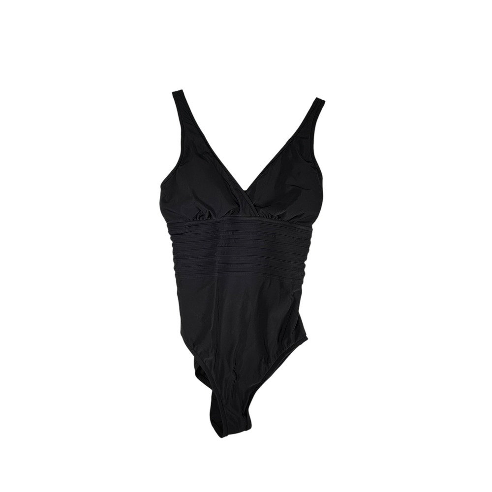 Aqua Green Womens One Piece Swimsuit Black V-Neck Adjustable Medium Pintuck NWT